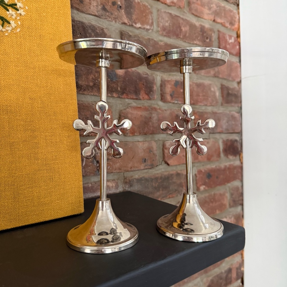 Pair of Silver Snowflake Candle Holders or Plant Stands for Small Plants